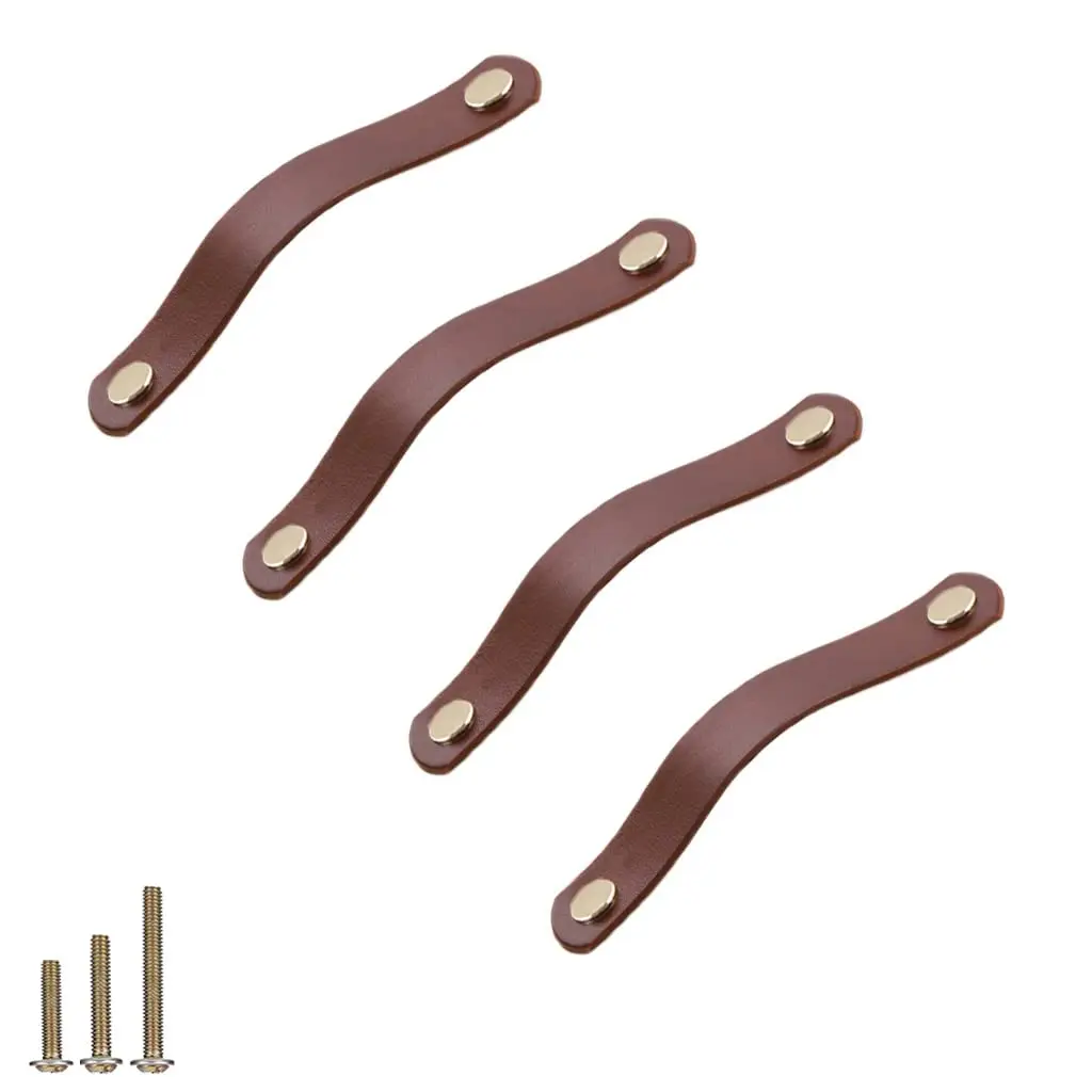 4 Pack Soft Genuine Leather Drawer Pulls Handle Wardrobe Cabinets Kitchen Closet Knobs Door Handles With Screws Home Decoration  Handmade (4 5.6" - Brown)