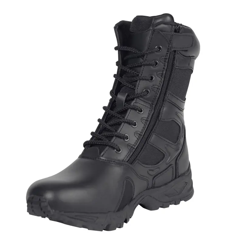 Rothco Men's 8-in Chic Casual Military Style Lace-Up Leather Deployment Boot - Black, Wide, Nylon Laces, Closed-Toe, Padded Mesh, Side Zip, Mid-Calf, EVA Midsole, Rubber Sole, Lightweight Forced Entry Shoe, Cow Hide, Plain, Slip Resistant, Waterproof, Any