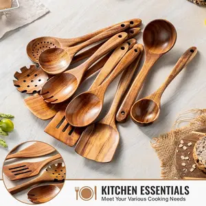 5-10 Piece Natural Wooden Kitchen Utensil Set, Wooden Cooking Utensils, Ergonomic Handle, Heat Resistant, Includes Spoons, Spatulas, Ideal for Electric Stoves, Perfect Gift