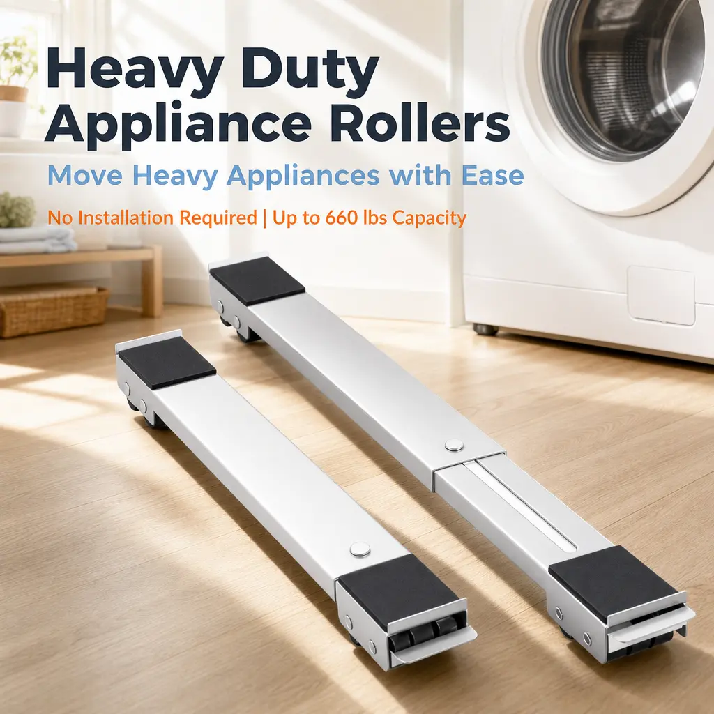 Heavy-Duty Stainless Steel Adjustable Movable Appliance Roller Set Products, 360° Swivel Casters, Shock-Absorbing Retractable Rollers for Washing Machines, Refrigerators