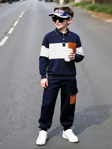 "Boys Navy Color-Block Polo Tracksuit! Stylish Long-Sleeve Top + Cargo Pants w/ Brown Patch | Cool Casual Outfit"