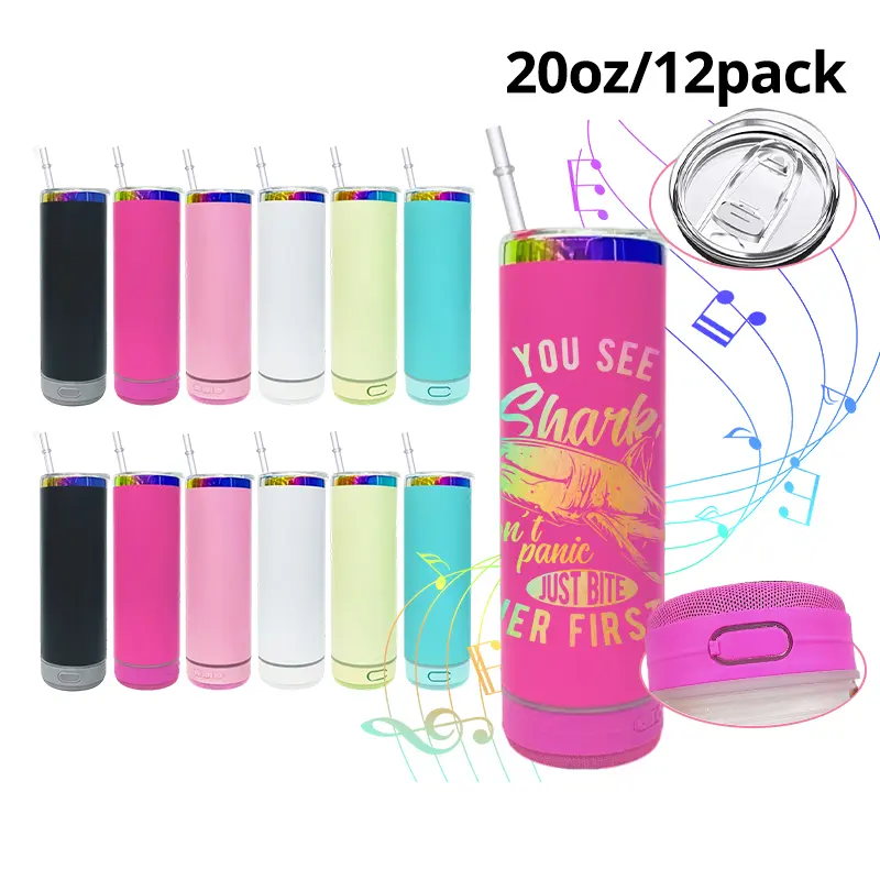 12-Pack 20oz Powder Coated Bluetooth Music Tumbler Drinkware - Rainbow Plated for Engraving, with Built-in Music Player & Colorful Straw, Vacuum Flask, Flasks304 Stainless Steel Tumbler