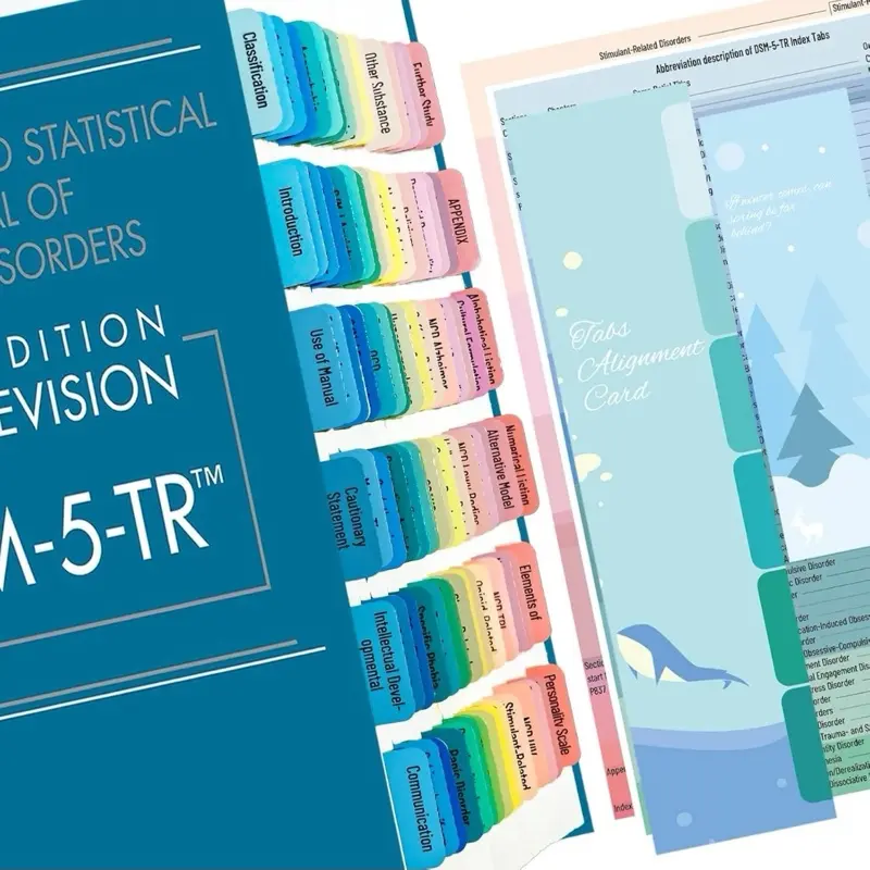 Premium DSM-5-TR 2022 Removable Laminated Index Tabs - 94 Printed Tough Waterproof Sturdy Dividers, Alignment Guide, Disorder Description Sheet for Mental Health Organization