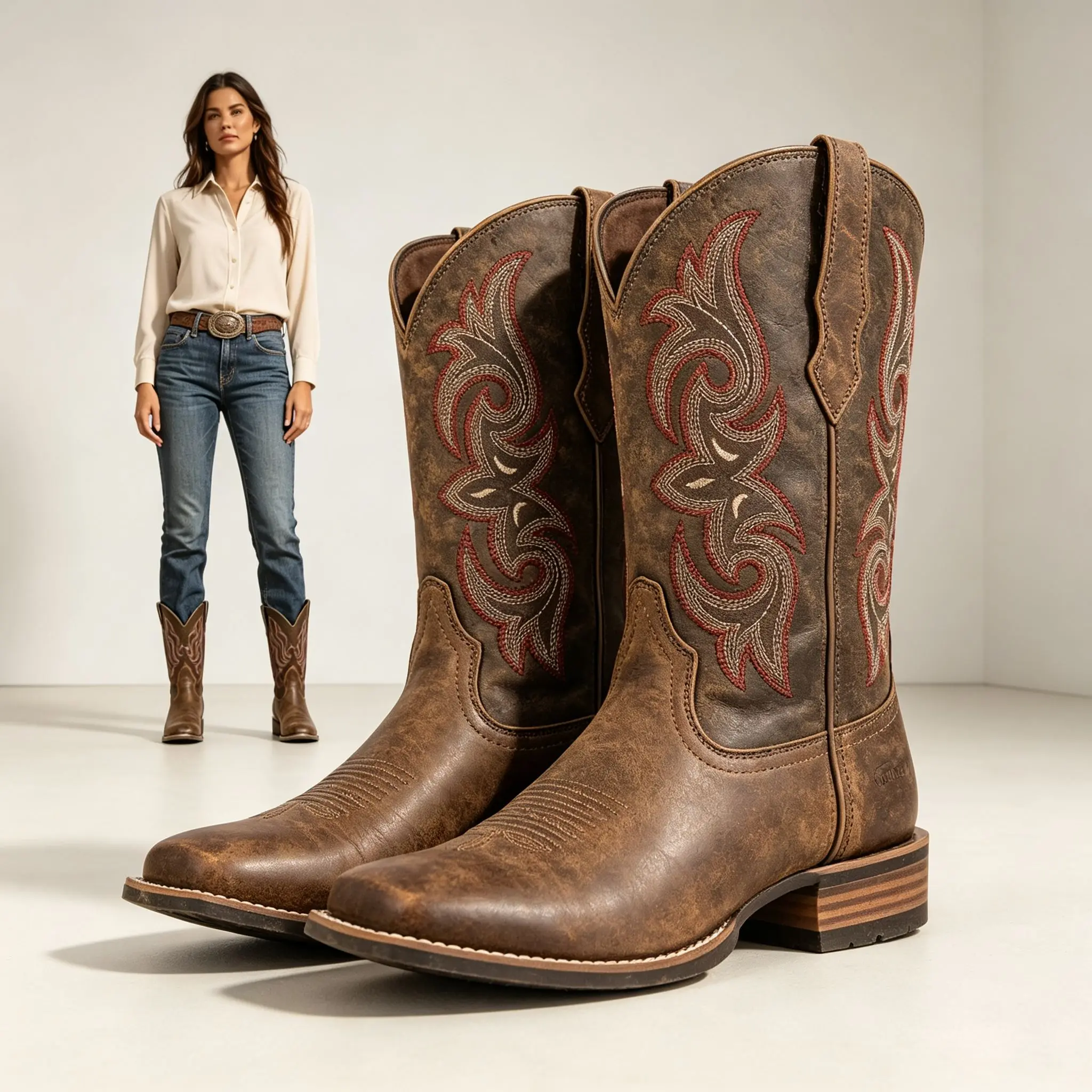 Palitutu Women's Light Brown Square Toe Real Leather Western Cowboy Boots - Genuine Cowhide Mid-Calf Boots with Vintage Stitching, Embroidery, Comfortable Breathable Design, Durable Non-Slip Rubber Sole #CowboyBoots #WesternStyle, Classic