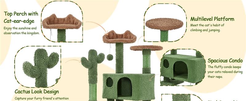 【Valentine Gift】Yaheetech Cat Tree Cactus Oasis & Coconut Palm Theme Multi-Level Cat Tower with Condo Posts Cat Activity Center for Small Medium Cats