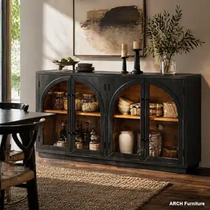 ARCH TREXM 4-Door Large Storage Sideboard Buffet Cabinet with Glass Doors, Arched Cabinet with Adjustable Shelves for Kitchen, Dining Room and Living Room (Black)