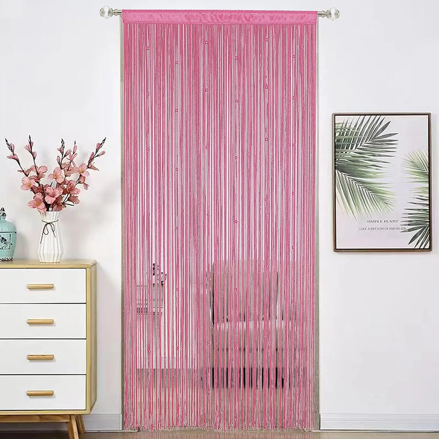 Beaded Curtain Beads Door String Curtains Ideal for Living Room Decor Wall Hanging Fringe Doorway Divider Bedroom Backdrop Hippie Window Closet  Rod Pocket Dense (100x200cm,Pink)
