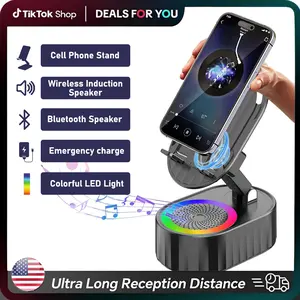 Wireless Induction Audio Bluetooth Speaker 5in1 Phone Holder Emergency Rechargeable (3000mAh) with Colorful Ambient Light 300° Foldable for Tablet iPhone Android, Gifts for Men Women (Black)
