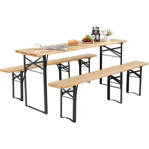 【Father's Day Gift】Outvita 3pcs 4/6FT Folding Picnic Tables with Benches Set, Weather-Resistant Wooden Beer Garden Table Bench, 3-Piece Portable Fold Up Camping BBQ Table w/Carrying Handles,Natural Wood Color Summervibes