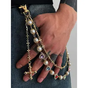 ROMWE Grunge Punk Hip-Hop Design Colorful Rhinestone Cross Waist Chain Pendant Decor Faux Pearl Ornament Chain Pants