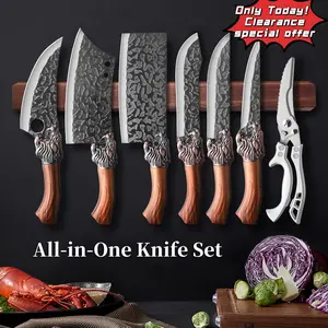 of professional kitchen chef knives, handmade forged stainless steel chef knife, multi-functional knife, boning knife, extremely sharp kitchen scissors, fish cutting knife, and butcher knife. Mother's Day gift. Dragon Meat Utensil 7Pcs