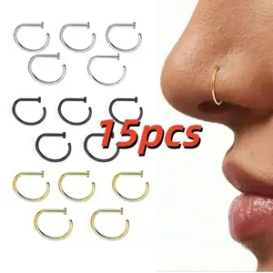 15pcs Women And men Fake Piercing Nose Ring Gold Stainless Steel D-Type Simple AmericanStyle Personalized Letters Hip-Hop Street StyleNon Perforated Accessories Fake Nose Studs