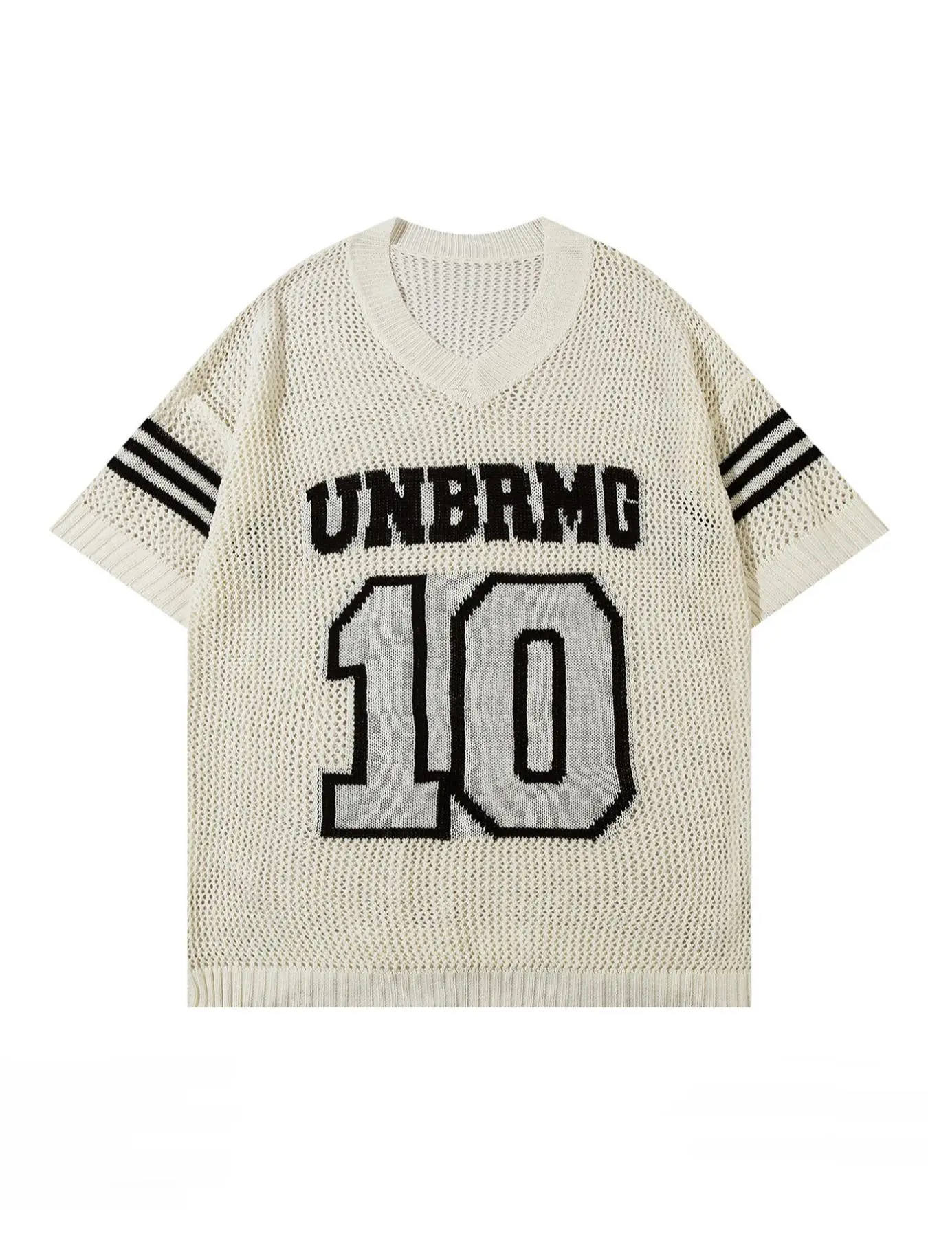 Men's Letter Print V Neck Knit Top, Casual Loose Hollow Out Drop Shoulder Short Sleeve Knitwear for Summer, Fashion Men's Knit Clothing for Daily Wear