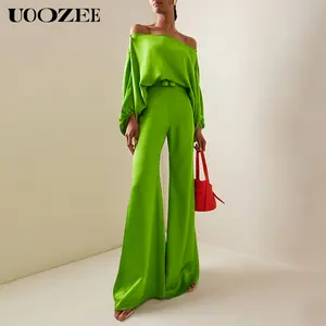Batwing Sleeves Loose Solid Color Split-Joint Off-The-Shoulder Blouses & Wide Leg Loose Pants Clothes Suits