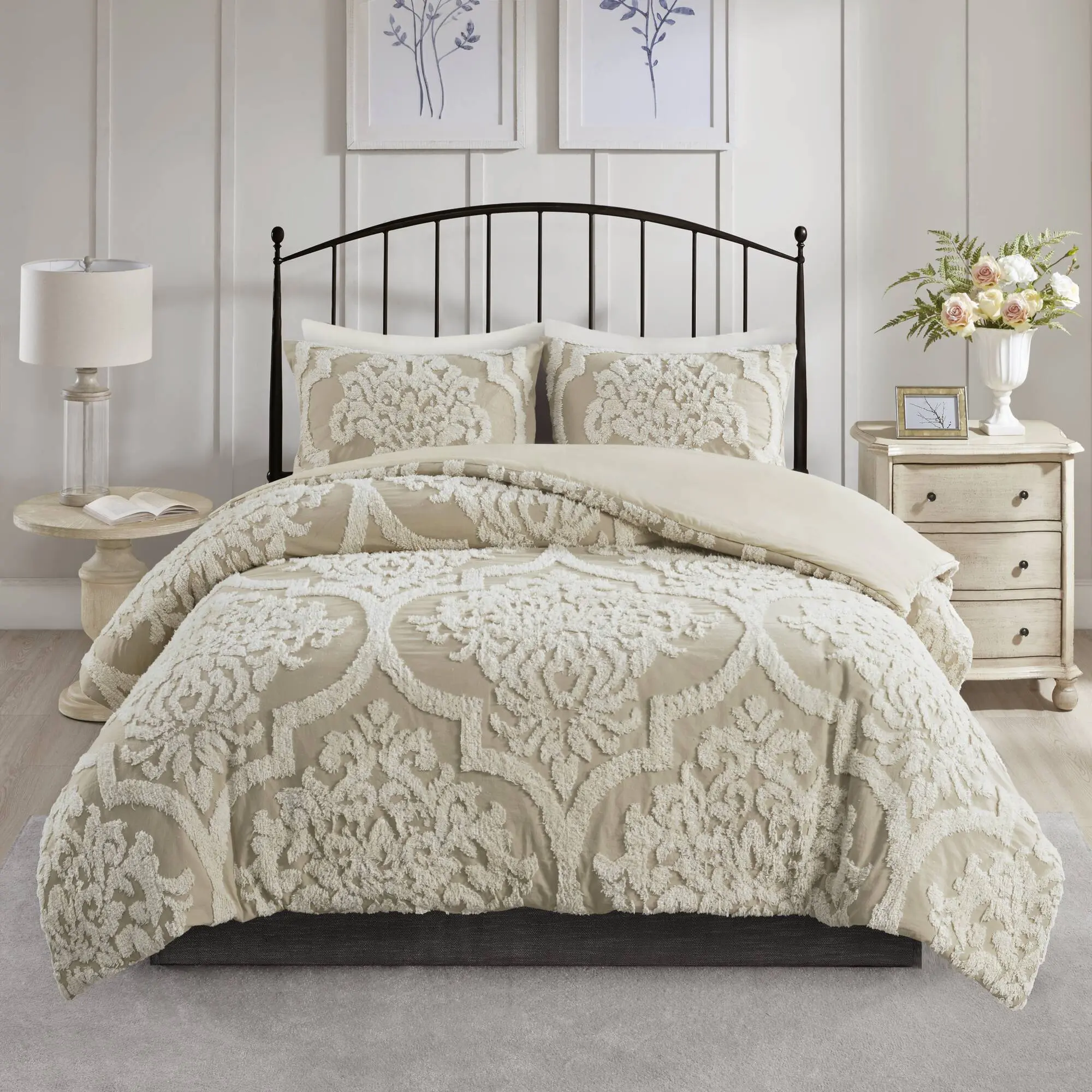 3-Piece Tufted Cotton Chenille Damask Duvet Cover Set - Chenille Fabric Bed Set with Shabby Chic Cottage Touch, All-Season Bedding for Bedroom Decor