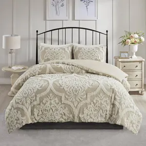 3 Piece Tufted Cotton Chenille Damask Duvet Cover Set