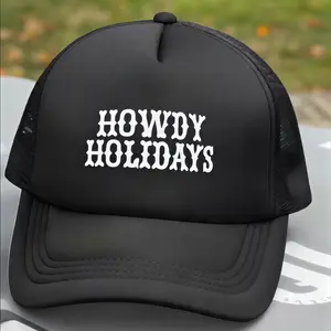 Trucker Hat for Men Women - Howdy Holidays Mesh Cap for Holiday Wear,Breathable Black Trucker Hat,Retro Western Trucker Hat,Howdy Holidays Trucker Cap,hats for men,hats for women,trucker hats women,trucker hats men,beach essentials