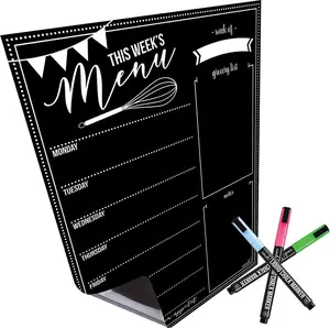 16x12-Inch Chalkboard Weekly Menu - Magnetic Meal Planner Board for Refrigerator - Reusable Black Menu Board with 3 Neon Liquid Chalk Markers