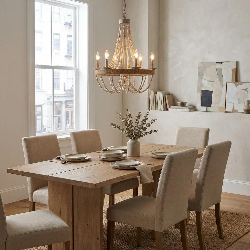 Chokio 6-Light Wood Bead Chandelier Handmade Farmhouse Pendant for Dining Room Living Room