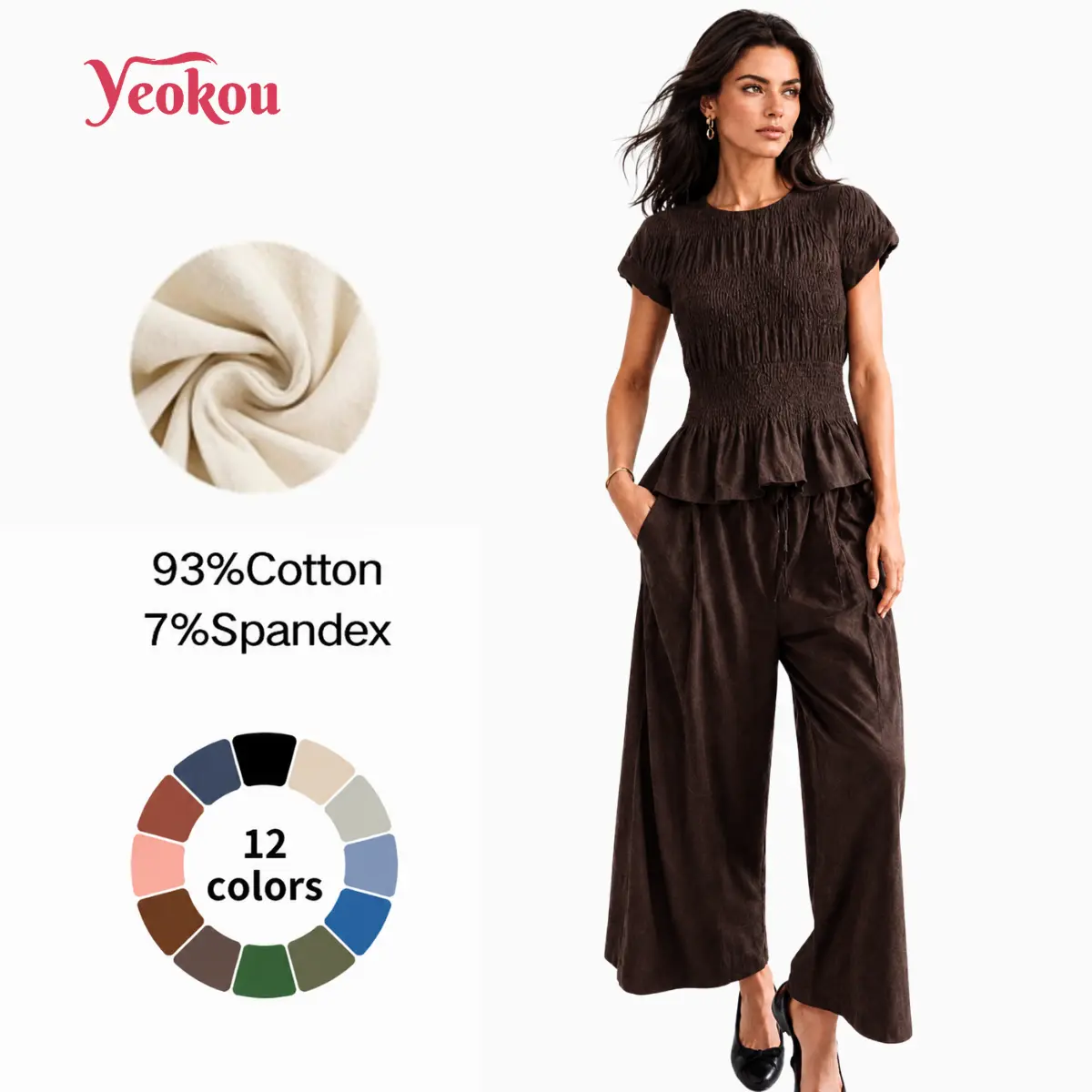 Yeokou Women's 2-Piece Trendy Boho Outfits - Cotton Smocked Top and High Waisted Wide Leg Lounge Pants with Pockets, Two Piece Sets