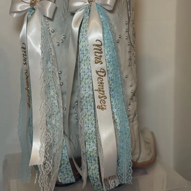 Bootbows - Elegant Blue and White Ribbon with "Miss Dempsey" Embroidery for Special Occasions