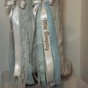 Bootbows - Elegant Blue and White Ribbon with "Miss Dempsey" Embroidery for Special Occasions