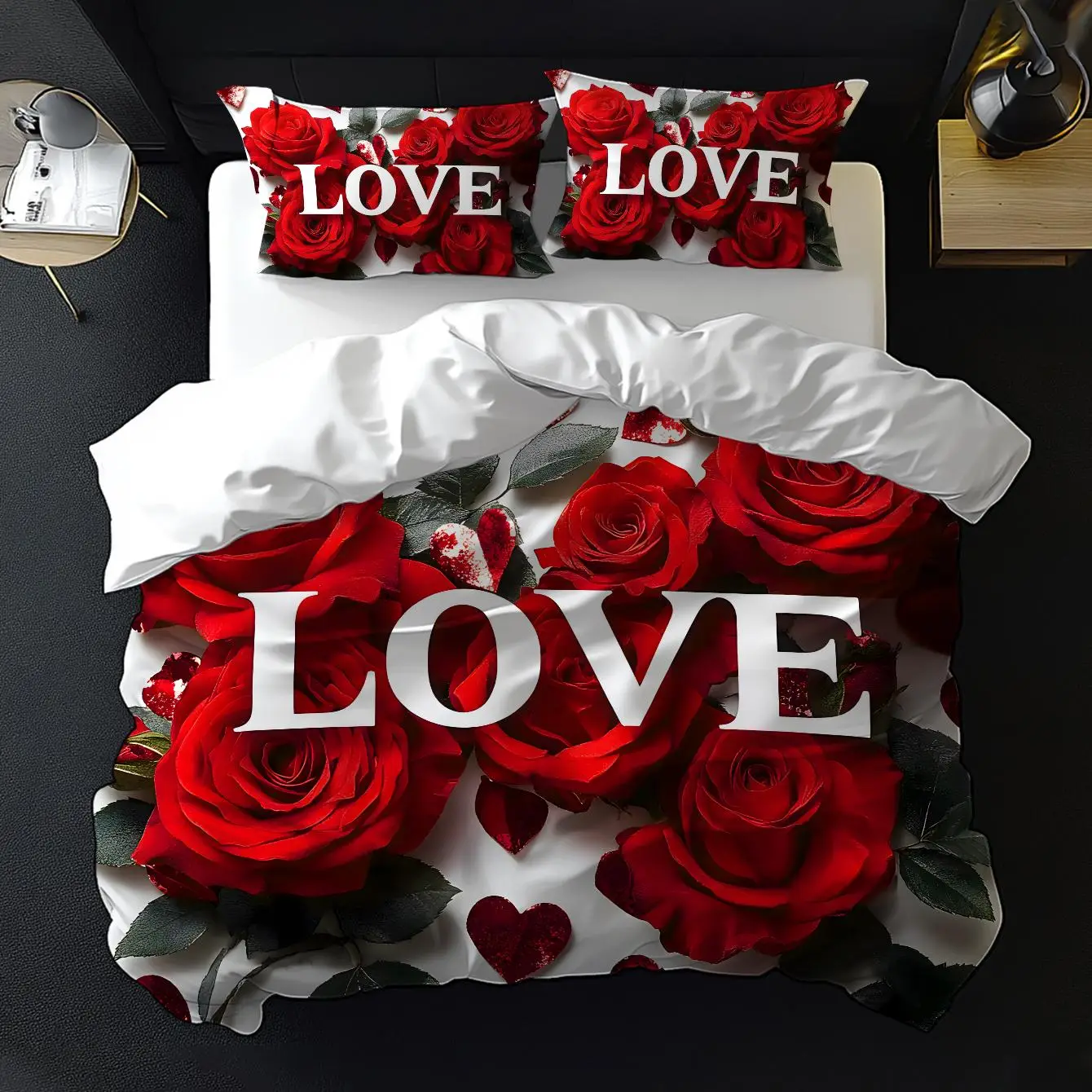 Rose & Letter Pattern Duvet Cover, 2/3 Counts Including 1 Duvet Cover & 1/2 Pillowcase without Filler, Soft Comfortable Bedding Set for Bedroom
