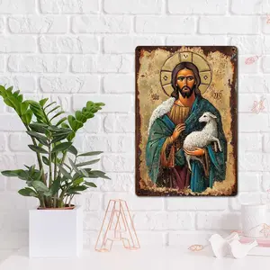 1pc Jesus with Lamb Religious Icon Art - 8x12" Aluminum Sign, Rustic & Weatherproof, Perfect for Faith-Based Homes & Churches, Inspirational Spiritual Wall Decor Gift, Religious Gift Item|Serene Decor Piece|Aluminum Wall Sign, Religious Wall Art