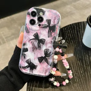 Bowknot Pattern Phone Case with Beaded Strap, Anti-Drop Decorative Cover for iPhone 11-17 Pro Max, Stylish Mobile Accessories