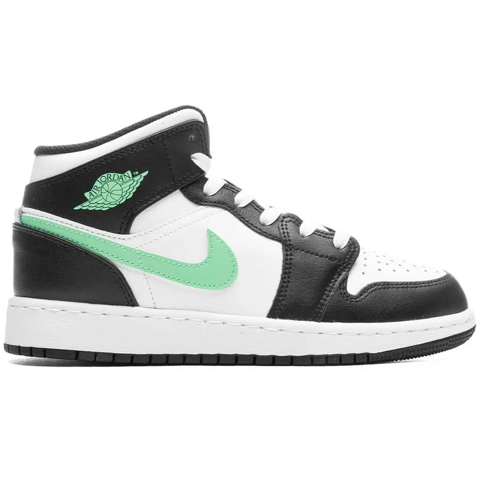 Youth Jordan 1 Mid White/Green Glow-Black (DQ8423 103) (GS)