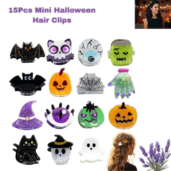 15PCS Mini Halloween Hair Clips for Girls & Toddlers, Cute Spooky Pumpkin Bat Ghost Witch Hat Eyeball Acrylic Claw Clips, Fall Hair Accessories, Halloween Party Favors & Boo Basket Stuffers