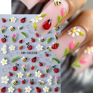 Cute Ladybug and Bee Nail Art Stickers, Self-Adhesive Design, Spring Summer Decorations, Floral Leaf Pattern, Beauty Supplies