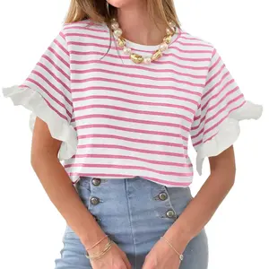 Women's striped top with pleated sleeves, casual basic T-shirt, round neck short sleeved shirt, summer set, short sleeved women's clothingRAIMENTRY