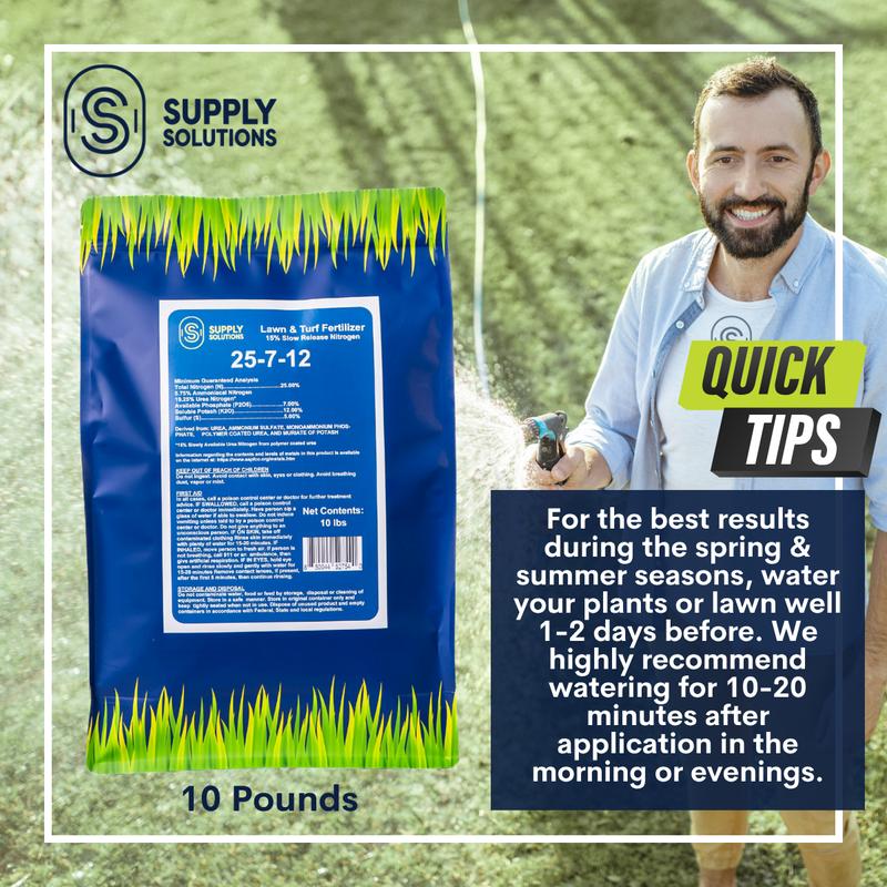 Supply Solutions 25-7-12 Lawn & Turf Fertilizer 15% Slow Release Nitrogen for All Grass Types 10lbs Covers 1250 sq ft Easy Application