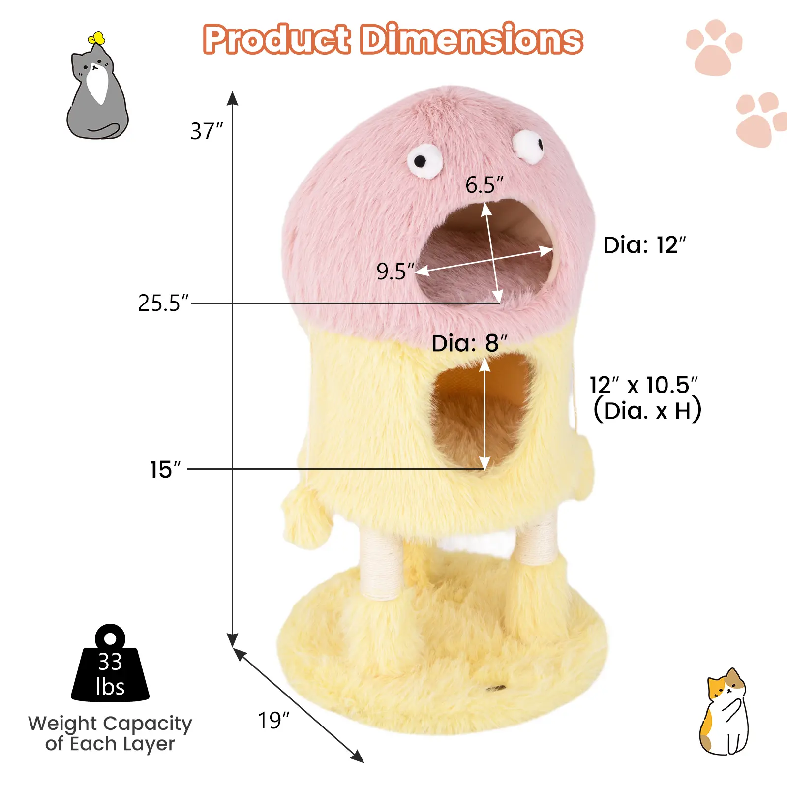 COSTWAY - Cute Monster-Themed Cat Tower with 2 Private Condos and 3-Level Activity Center-Yellow