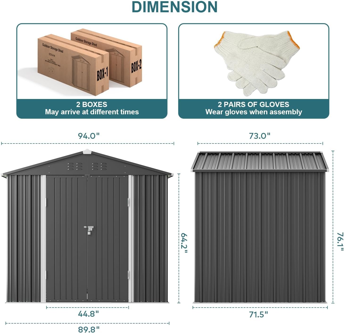 【2 Packages Shipping】Gizoon Outdoor Storage Shed 8 x 6 FT, Galvanized Metal Garden Shed with Double Lockable Doors, Outdoor Storage Clearance for Backyard Patio Lawn-Dark Grey