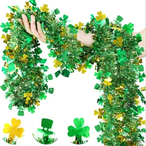 20 Ft St Patricks Day Garland Decor Gold Green Shamrock Hat Tinsel Garland, Shiny Metallic Streamer Twist Garland Hanging St Patricks Day Decorations Ornaments for Home Indoor Outdoor Irish Party Supplies