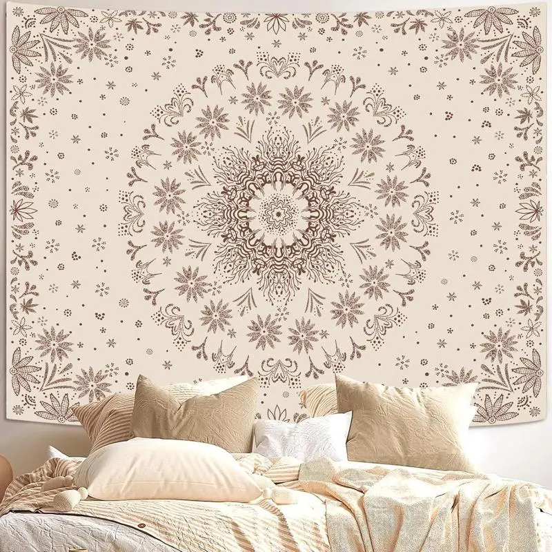 Boho Floral Mandala Tapestry Wall Hanging Bohemian Flower Medallion Tapestry Aesthetic Beige Brown Hippie Indian Small Tapestries for Bedroom Living Room Dorm Decor