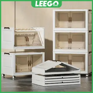 Multi-layer folding storage cabinet Clear plastic with pulley Clothes and snacks storage locker Dustproof play With storage box Household Organiser Transparent Installation Tool