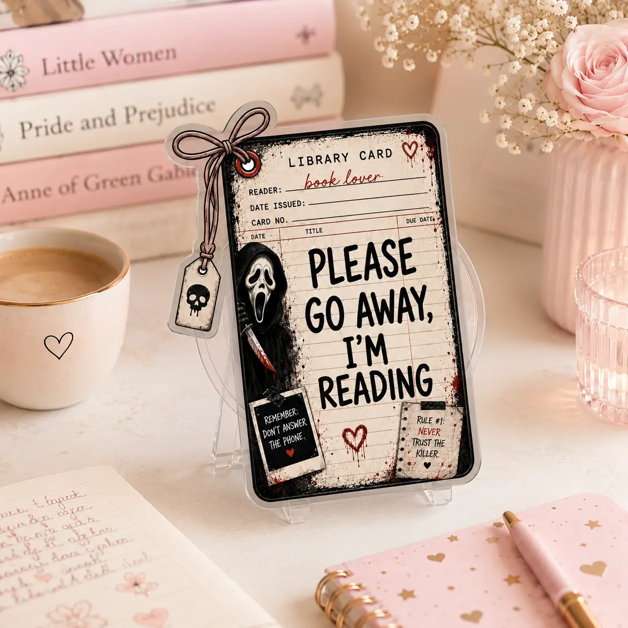 Spooky Library Card Phone Grip, Aesthetic Horror Pop Socket, Cute Reading Phone Stand