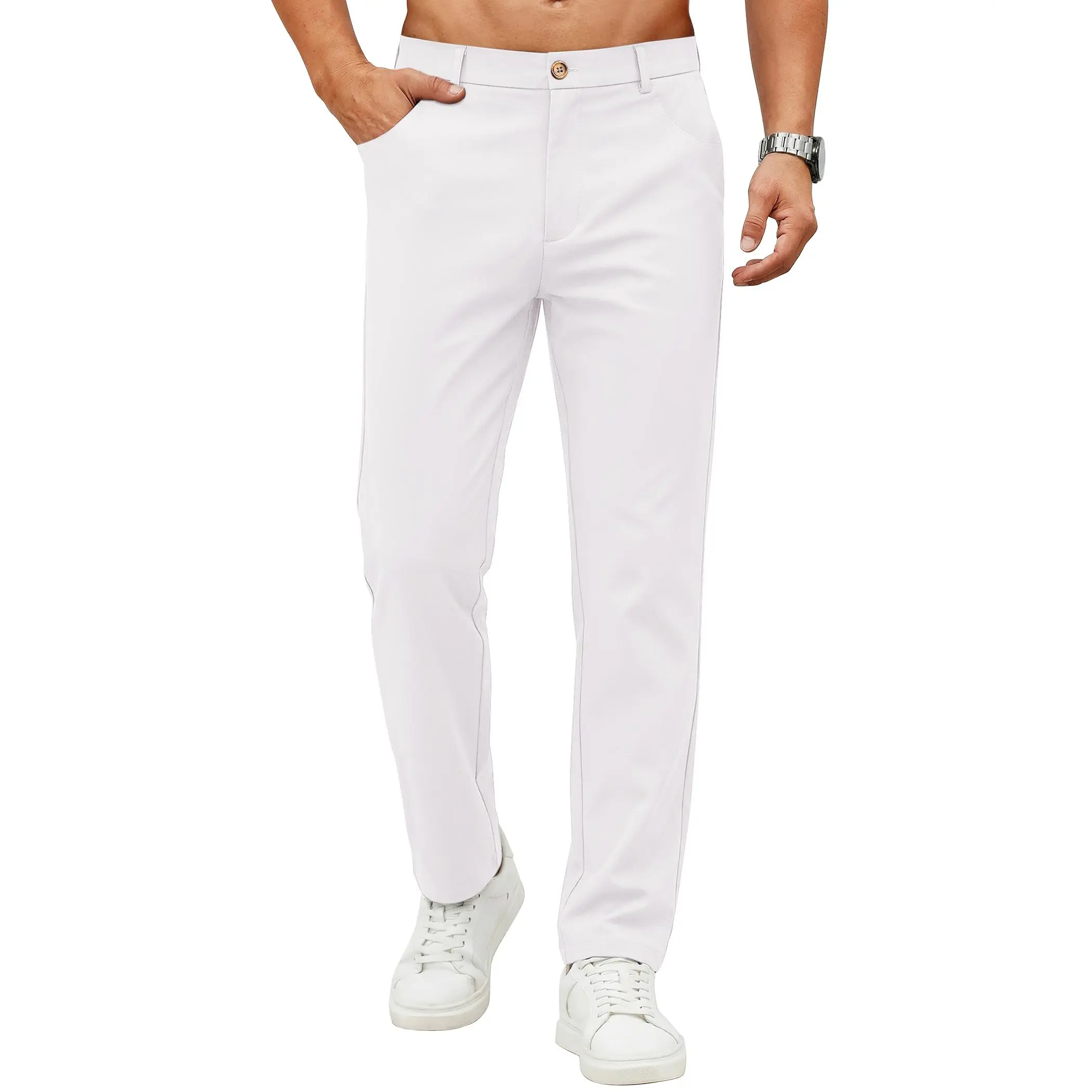 COOFANDY Men's Elastic Waist Flat Front Regular Fit Stretch Polyester Fabric Pants - Casual, Dress Slacks, Golf, Work Office Trousers (Pair with Polo Shirts, Sneakers), Menswear, Relaxed Fit, Athletic, Classic, Pockets, Button, Wrinkle Free Clothes, Outdo