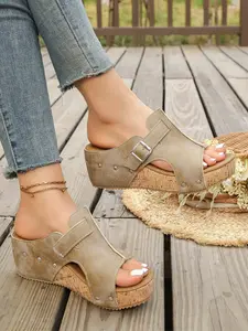 Women's Outdoor Summer Retro Low Wedge Fish Mouth Sandals, Soft PU Leather Breathable Thick Sole Platform Shoes, // Colors