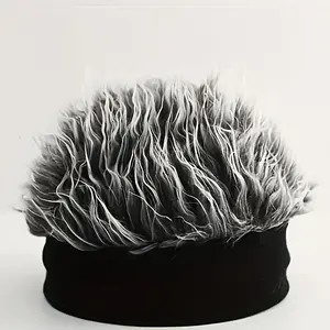 Men'S Funky Faux Fur Knit Beanie Hat - Hip-Hop Style, Straight Hair, No Brim, Perfect for Parties & Cosplay, Black & White Design, Party Accessory |     Funky Beanie |     Faux Fur Hat, Knit Beanie Hat