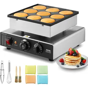 VEVOR Dutch Pancake Maker, 9PCS 76mm Diameter Dorayaki Baker Machine, 850W Commercial Electric Poffertjes Grill, Non-stick Stainless Steel, Temp & Time Control, for Home Kitchen Restaurant Snack Bar
