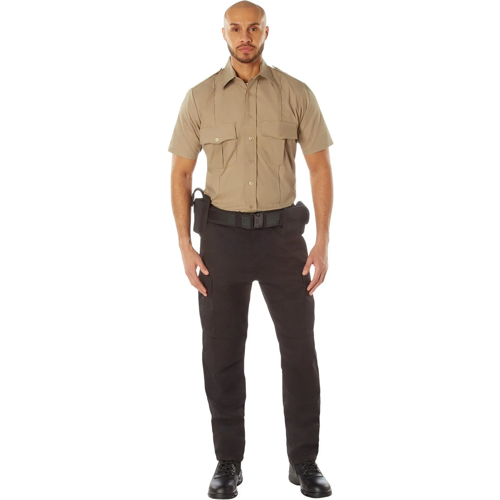 Men's Khaki Short-Sleeve Workwear Shirt for Law Enforcement Professionals, Featuring Durable Fabric, Badge Holder, and Functional Pocket, Menswear, Pleated, Breathable, Clothes, Pants