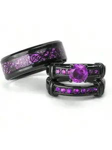 Couple Ring Bridal Set His Hers Black Gold Plated Blue CZ Stainless Steel Wedding Ring Band