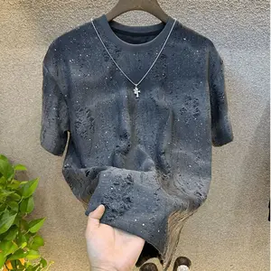 New Short Sleeve Men's Trendy Light Luxury Sequin Starry Sky Rhinestone T-Shirt Round Neck Distressed Top Men's Half Sleeve Thin