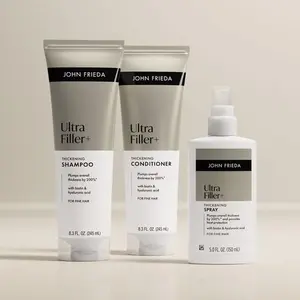 John Frieda ULTRAfiller+ Thickening Bundle, Shampoo, Conditioner, & Spray for Fine, Thin Hair, Thicker, Fuller Hair in 1 Wash, With Hyaluronic Acid