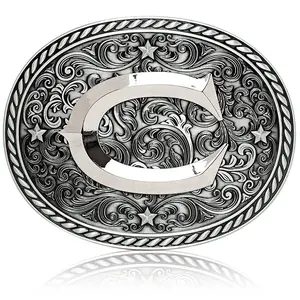 Western Cowboy/Cowgirl Initial Belt Buckle - Silver- Large, Letter Buckles For Men And Women C