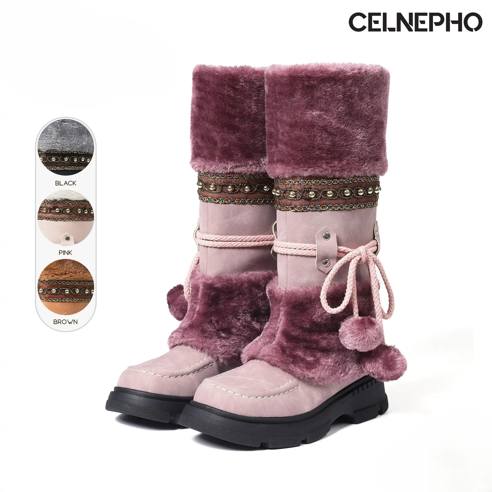 CELNEPHO Faux Fur Mid Calf Boots for Women Round Toe Chunky Platform Heel Plush Pom Pom Balls Lace Up Design Snow Boot Easy Pull on Warm Cozzy Gift Party Comfy Evereyday Wear Dress Shoes
